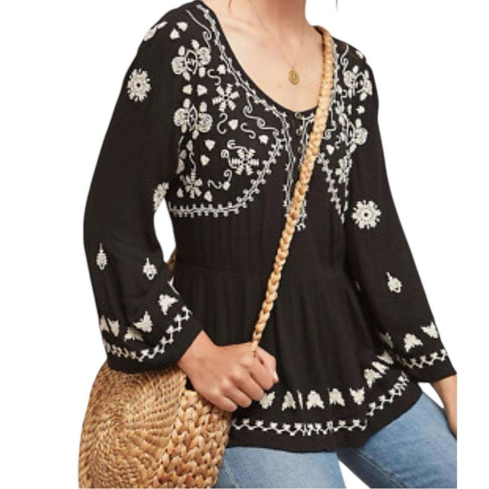 Meadow Rue By Anthropologie Black Embroidered Top XS